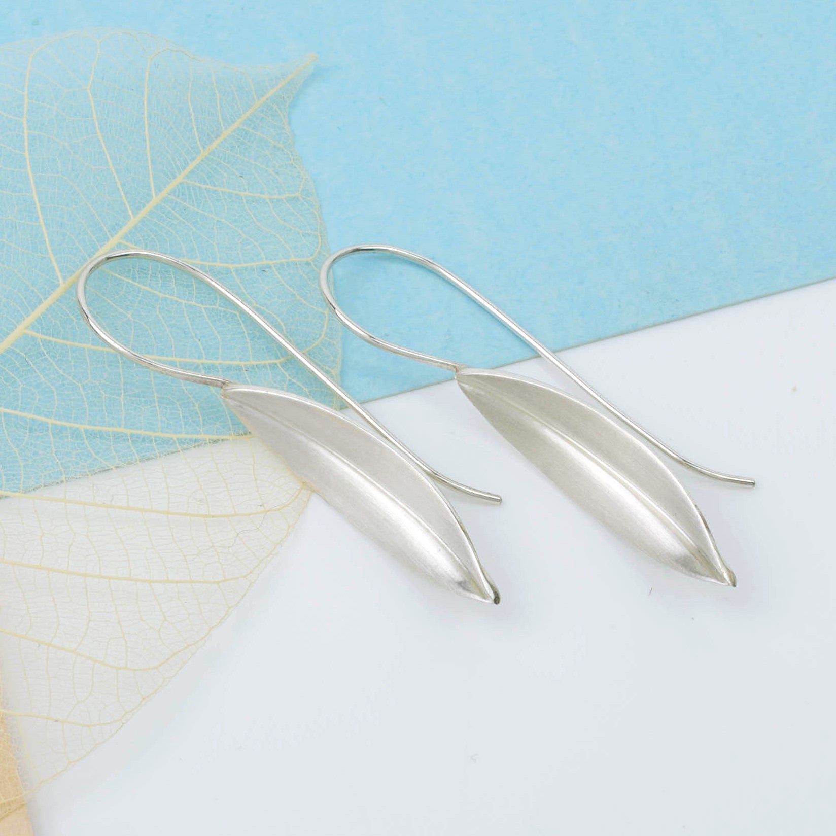 Brushed Silver Willow Leaf Drop Earrings