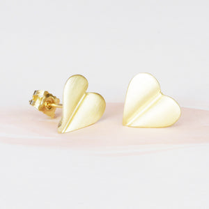 Brushed 9ct Gold Heart Stud Earrings