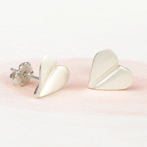 Brushed Silver Heart Stud Earrings