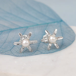 Ivory Pearl Silver Flower Stud Earrings