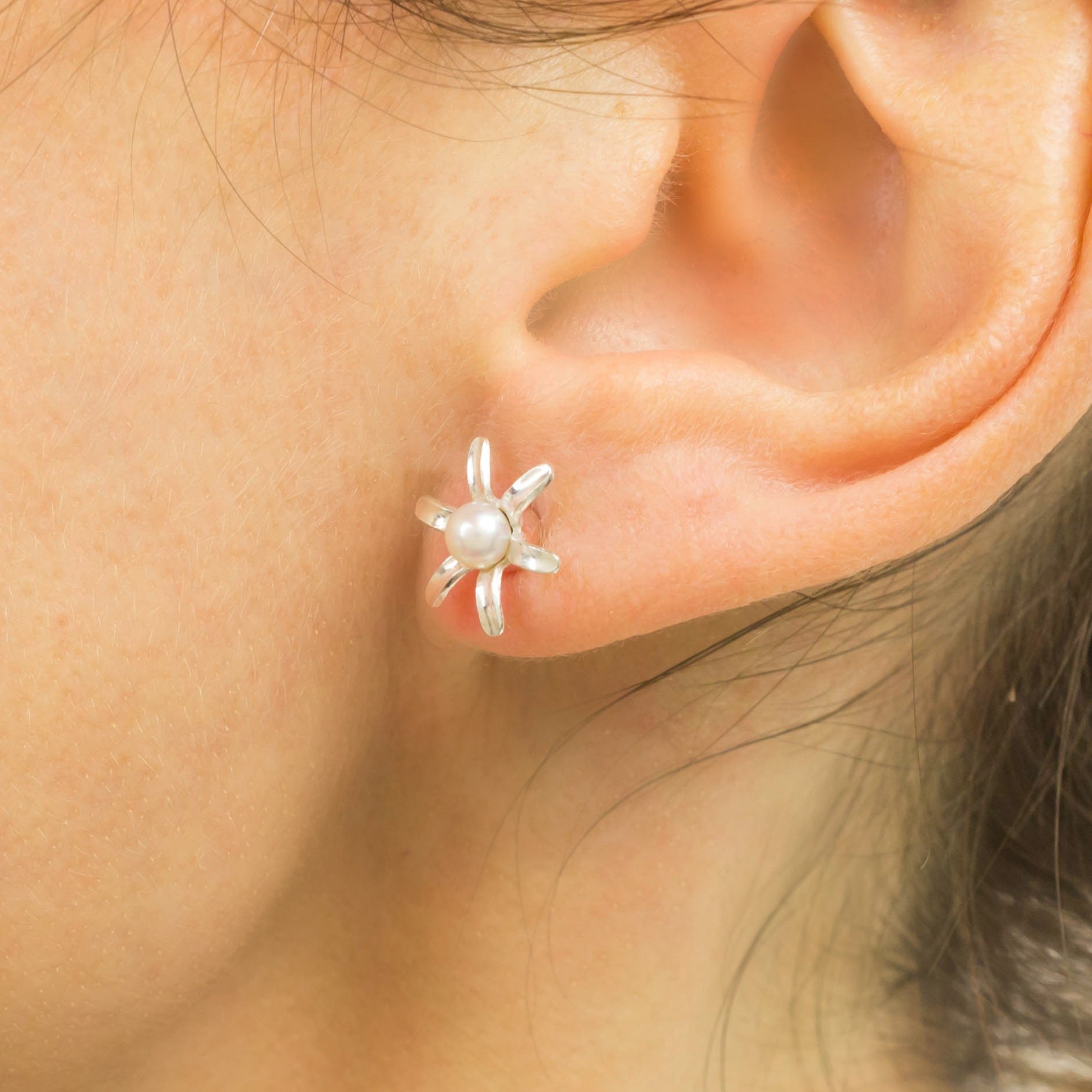 Ivory Pearl Silver Flower Stud Earrings