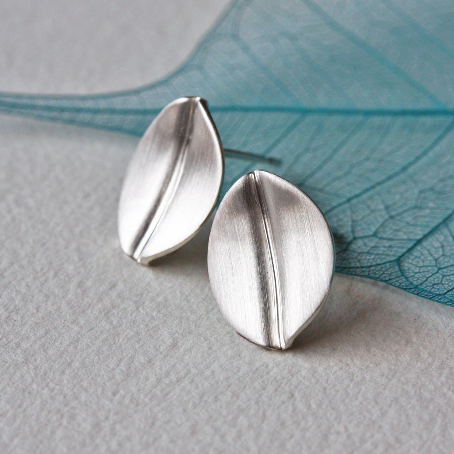 Brushed Silver Leaf Stud Earrings, Small
