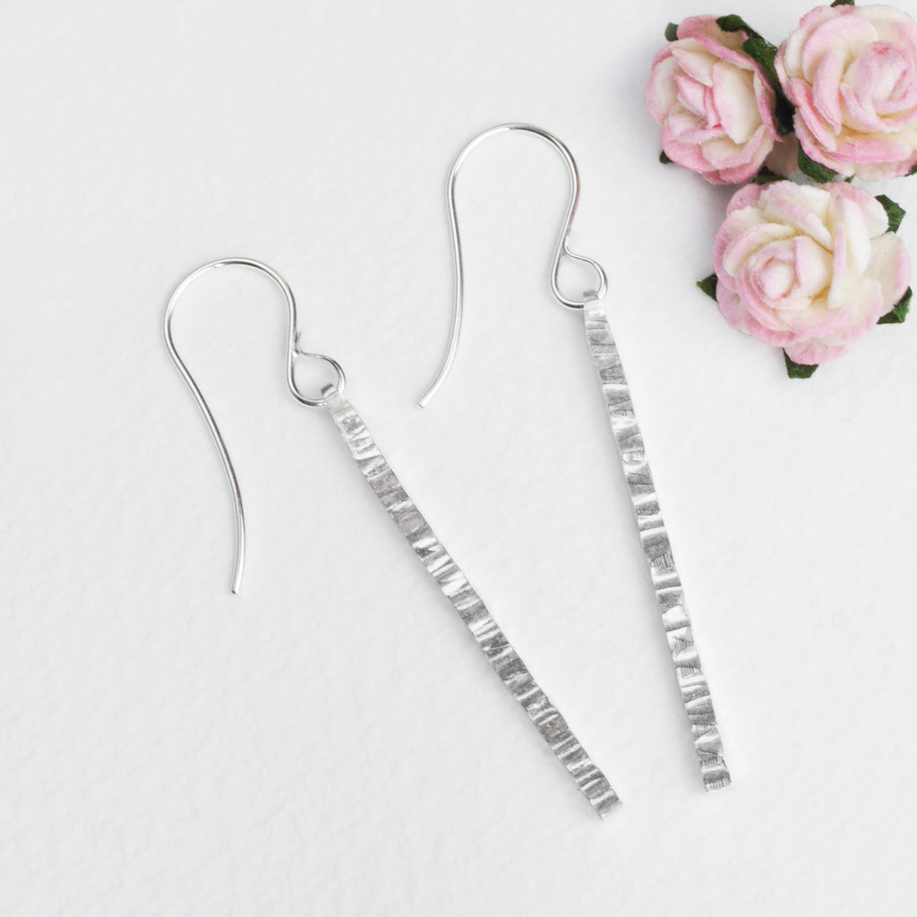 Hammered Silver Square Bar Drop Earrings