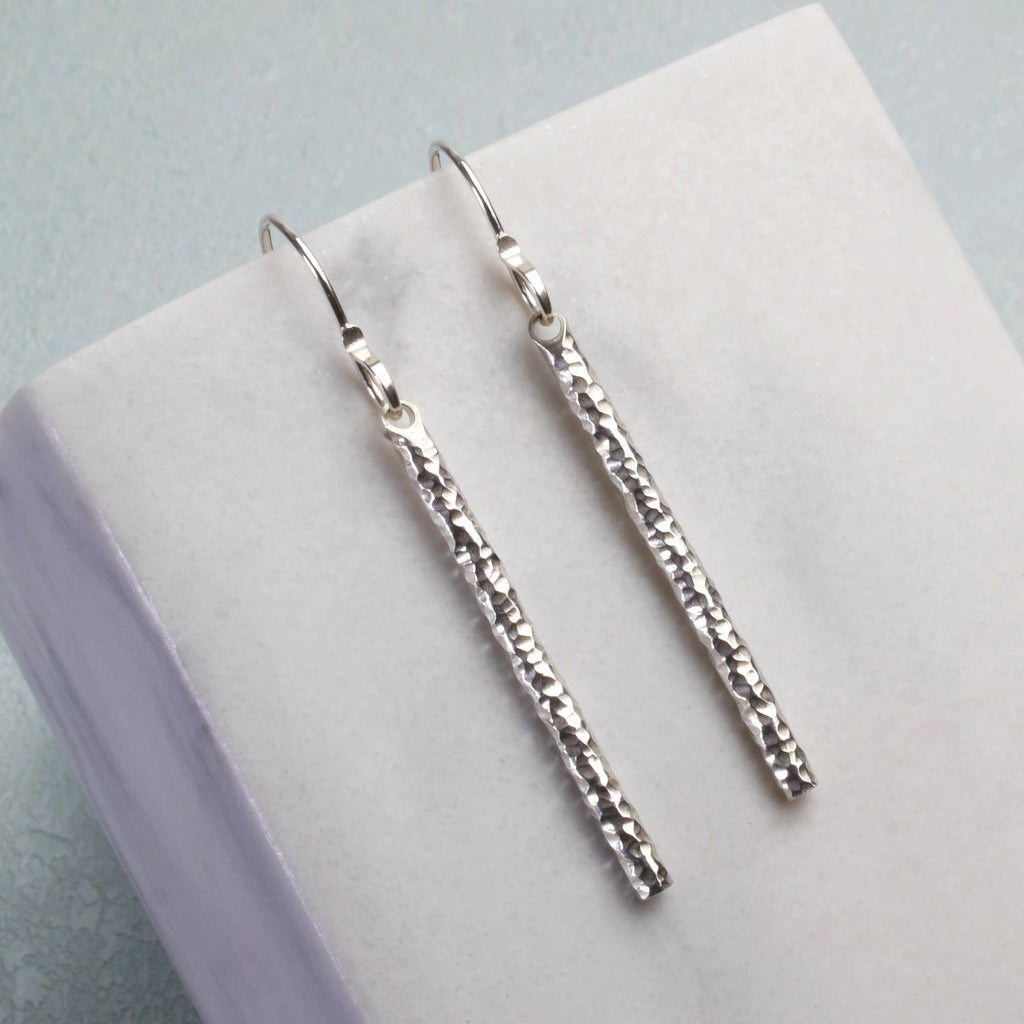 Hammered Silver Round Bar Drop Earrings