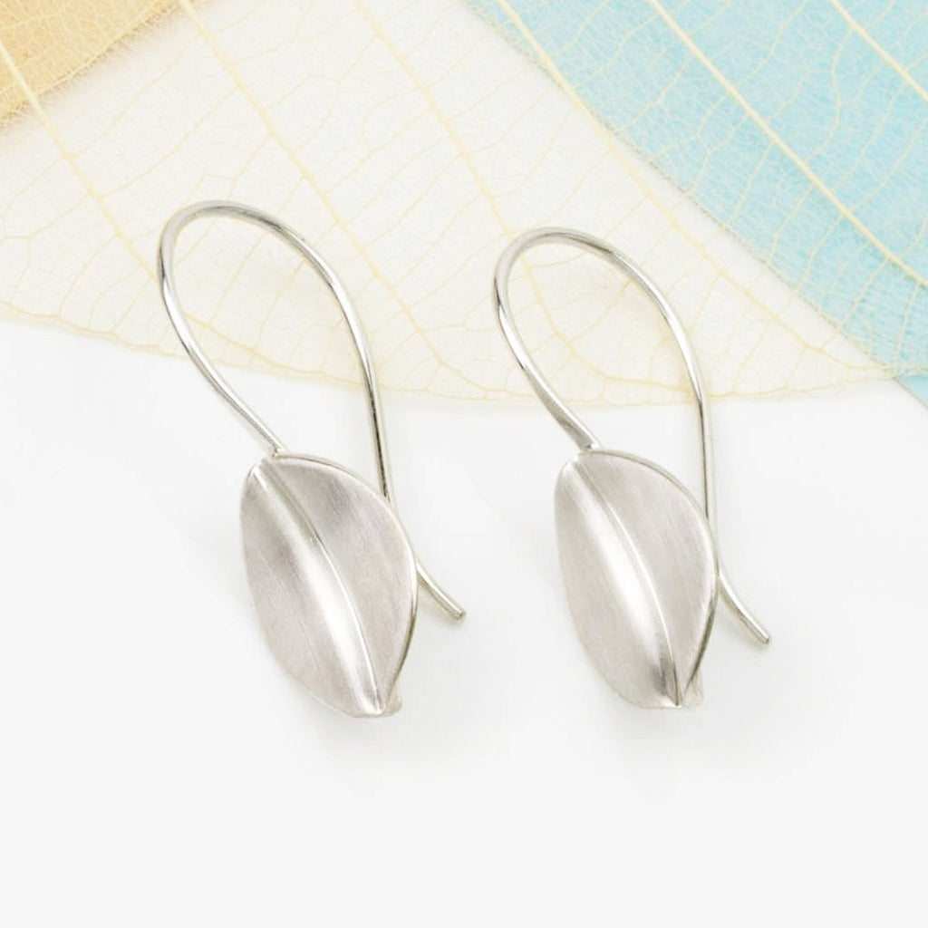 Brushed Silver Leaf Drop Earrings, Small