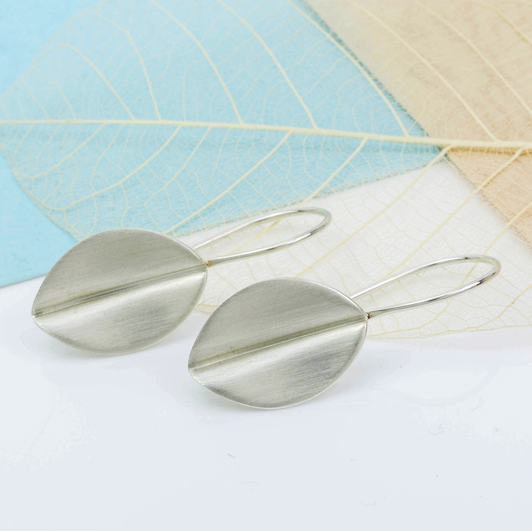 Brushed Silver Leaf Drop Earrings, Large