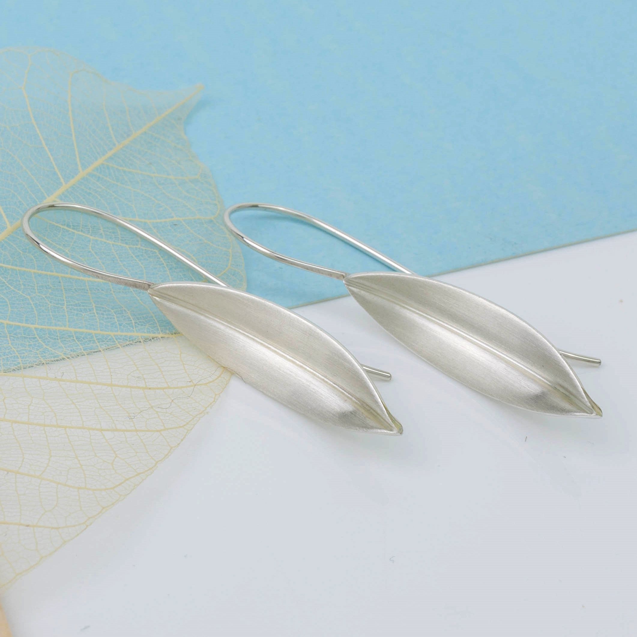 Brushed Silver Willow Leaf Drop Earrings