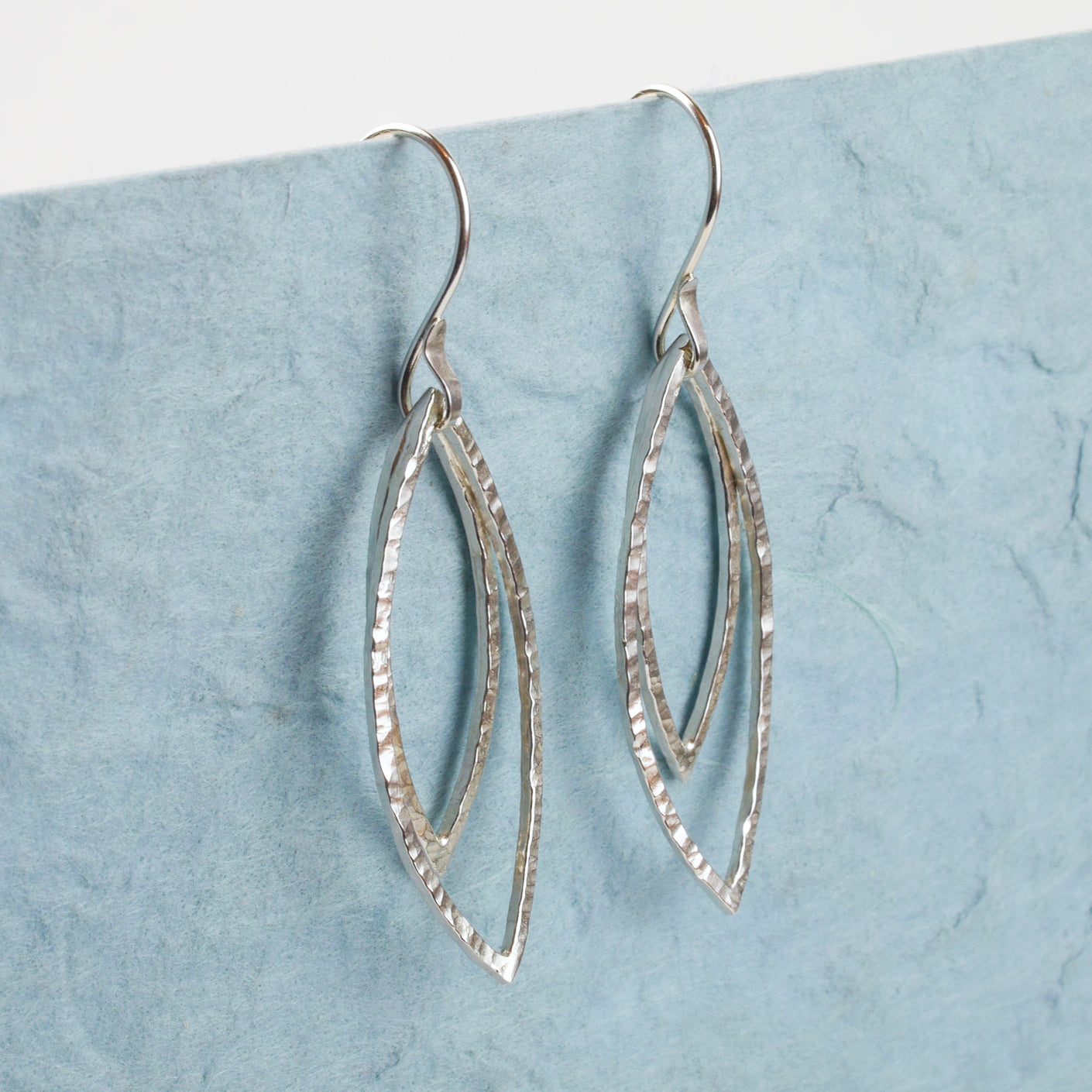Hammered Silver Double Leaf Outline Drop Earrings