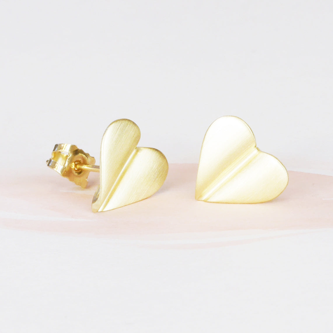 Brushed 9ct Gold Heart Stud Earrings